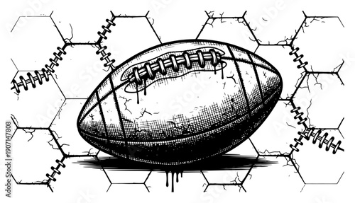 Hand drawn American football ball on a background of cracked hexagonal tiles and stitches