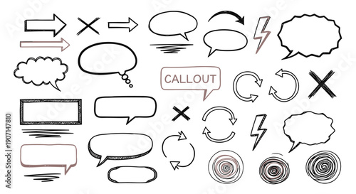 Vector speech bubbles, callouts, and icons for infographics or presentation, isolated on transparent background, png