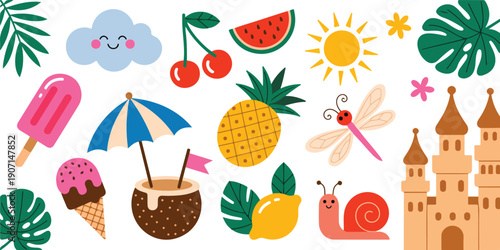 Cute Summer Illustration Vector Set  Tropical Fruits, Ice Cream & Beach