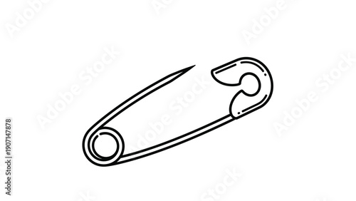 Simple black and white line drawing of an open safety pin used for sewing, repairs, or fastening various fabric materials.