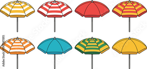 Colorful Beach Umbrellas Vector Set Striped Summer ParasolsColorful Beach Umbrellas Vector Set Striped Summer Parasols