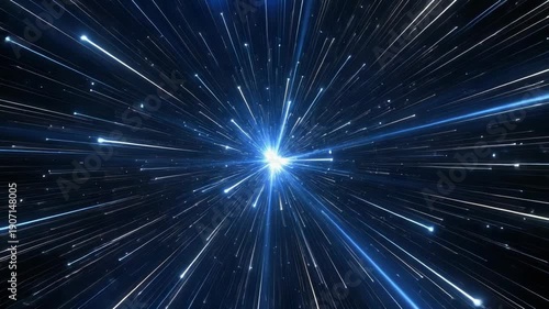 Bright light points move rapidly in a dark setting, creating a visual journey through space with dynamic patterns and energy flow