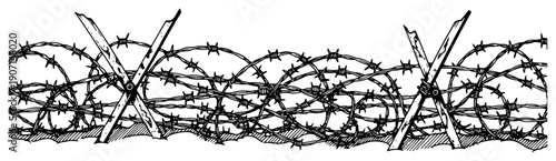 Hand drawn illustration of a military style barbed wire fence with wooden cross posts