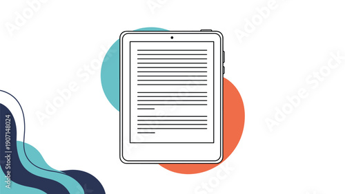 Modern e-reader tablet displaying lines of text stands against colorful abstract circles representing digital reading and media.