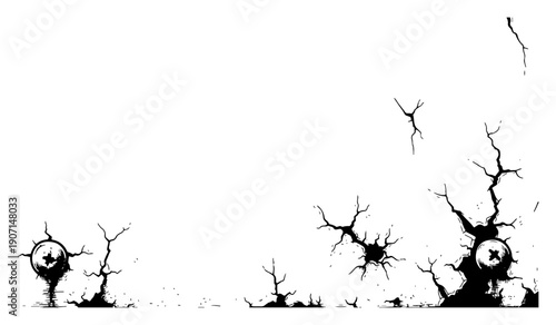 Grunge wall cracks and bullet hole impact marks with screws illustration