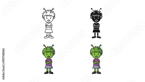 Alien kid icon set, extraterrestrial child character and sci-fi vector graphic.