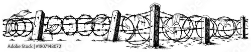 Hand drawn barbed wire fence with wooden posts and concertina wire coils