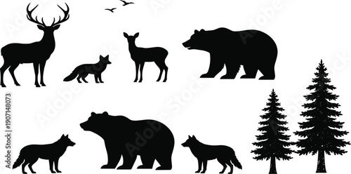 Black silhouette collection of forest animals including deer bear fox and birds with pine trees