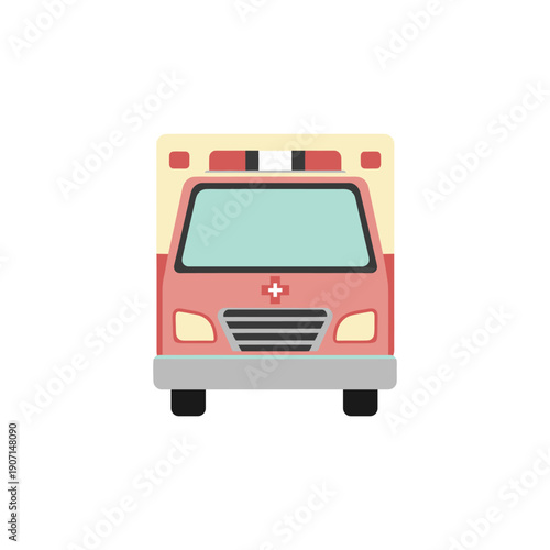 flat semi-flat vector illustration of ambulance front view with red cross symbol, World Red Cross Day concept
