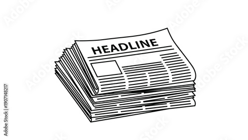 Stack of black and white newspapers with a headline banner on the front page represents journalism, news, and print media.