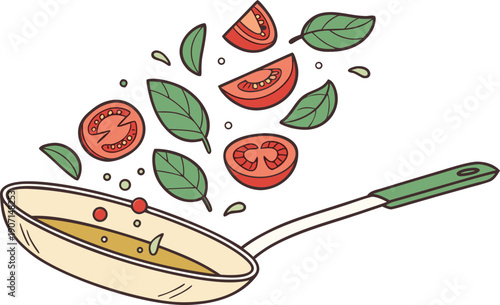 Savor the flavor of fresh tomatoes and herbs sizzling in a hot skillet, perfect for a culinary masterpiece or a quick meal