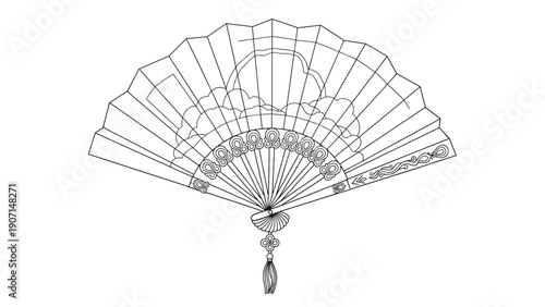 Detailed line drawing of a traditional folding fan with decorative clouds and patterns representing asian culture and style.