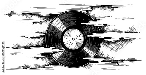 Retro engraving of a vinyl record disc surrounded by stylized clouds and cross hatching
