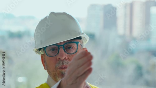 Older architect in a hard hat explaining building plans and pointing to the camera