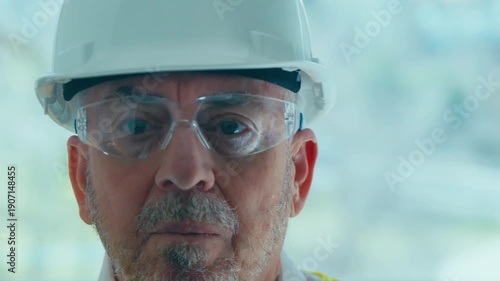 Serious male engineer or architect wearing a hard hat puts on his protective eyewear at a worksite