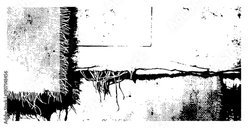 Gritty abstract background featuring torn fabric edges and frayed thread details