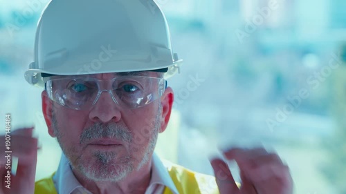 Close up of an elderly construction engineer putting on and taking off his protective eyewear