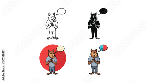 Anthropomorphic Wolf Character Icons in Thoughtful Poses, Various Styles