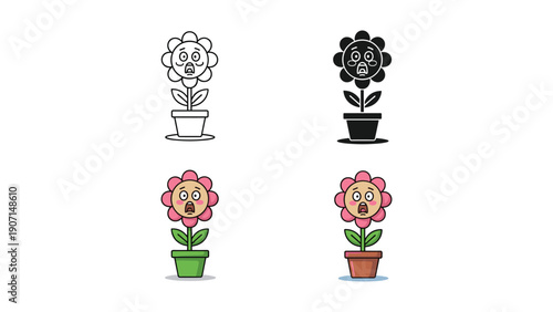 Sad Flower in Pot Icons: Outline, Silhouette, and Color for Sadness, Wilted, and Negative Emotions