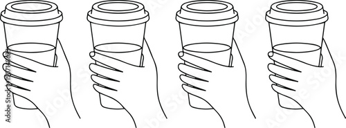 Hands Holding Takeaway Coffee Cup Outline Vector Set Featuring Multiple Hand Grips, Gestures, and Angles Isolated on White Background for Cafe Branding, Beverage Packaging, Coffee Shop Marketing