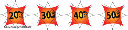 Set of modern red and yellow starburst discount element stickers with percentage offers from 20 to 50 off for retail sales