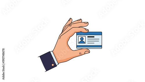 Professional hand in a dark suit holding a blue ID identification card represents security, identity, and access control.
