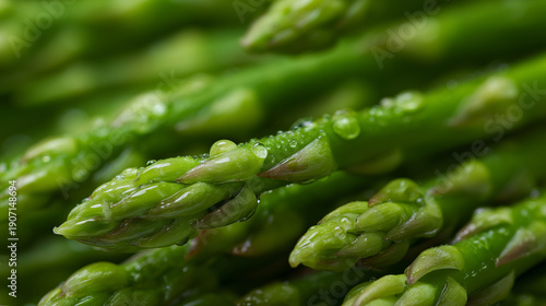 Fresh green asparagus spears showcasing vibrant texture covered in tiny water droplets, representing healthy eating, organic produce, and natural freshness