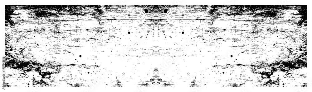 Fototapeta premium Wide horizontal black and white grunge texture with ink splatters and distressed edges
