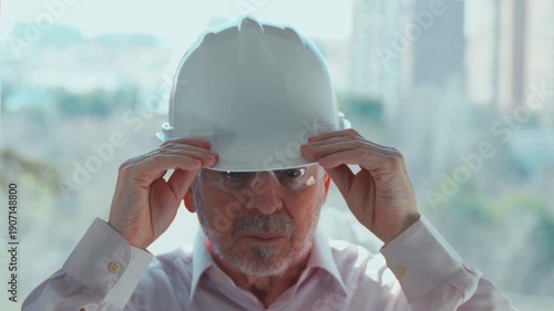 Professional construction engineer wearing a hard hat and putting on his safety glasses