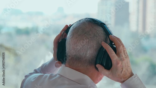 Mature engineer putting on safety earmuffs for hearing protection inside an industrial office
