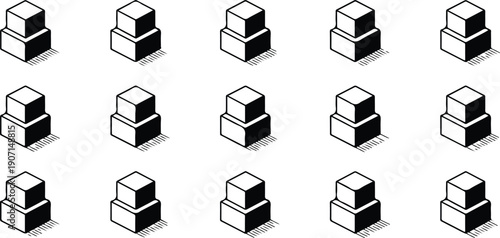 Isometric Black Cube Block Vector Set Featuring Puzzle Game Pieces, Geometric Construction Shapes, and Retro Arcade Style Illustrations for Game Design, 3D Modeling