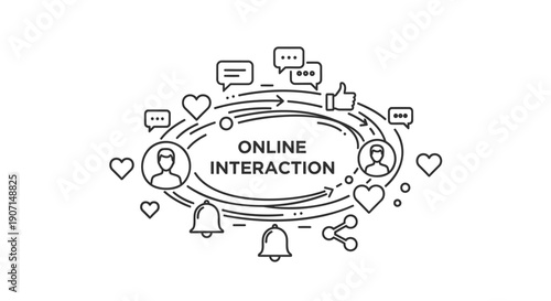 Vector online interaction icon set, social media symbols, chat bubbles, hearts, and notifications for website or app design, isolated on transparent background, png