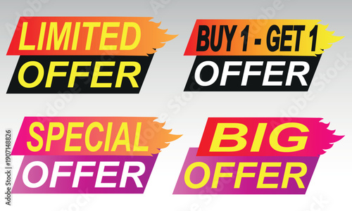 Set of vibrant fire flame promotional banner element stickers featuring limited offer, buy 1 get 1, special offer, and big sale text for retail marketing