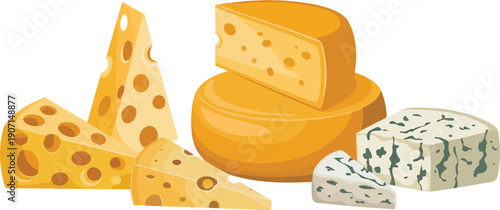 Assorted Cheese Vector Collection Featuring Whole Wheels, Wedges, Swiss Cheese Slices, Blue Cheese Varieties, and Gourmet Dairy Products in Detailed Flat and Realistic Vector Style