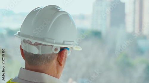 Back view of a builder in a hard hat making notes on a window overlooking the city