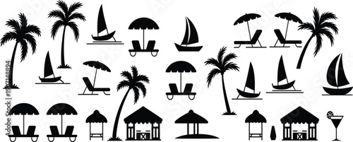 Black silhouette of tropical beach vacation including palm trees sailboats lounge chairs umbrellas and huts