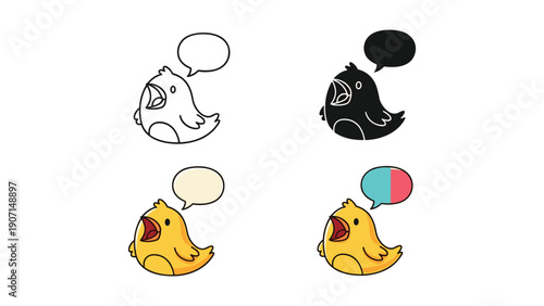 Yelling Chick Icon Set: Outline, Silhouette, and Colorful Variations