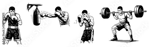 Set of hand drawn sports illustrations featuring boxers training and a man performing barbell squats