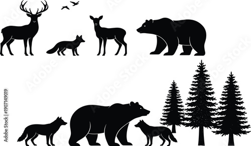 Black silhouettes of forest animals including deer fox bear and birds with pine trees