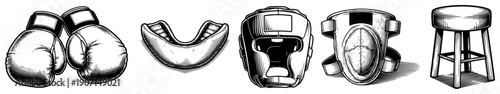 Professional boxing and combat sports protective equipment collection in vintage hand drawn style