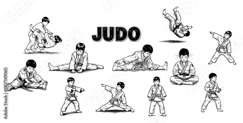 Set of children practicing judo martial arts in different poses and positions with text label