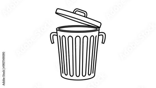Simple black and white line drawing of a metal trash bin with a slightly open lid and handles for waste disposal management.
