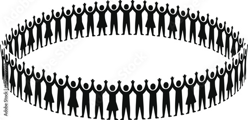 Large Crowd of Cheering People Silhouette Vector Illustration Forming an Oval Shape, Representing Unity, Celebration, Community Events, Teamwork, and Group Participation for Event Design