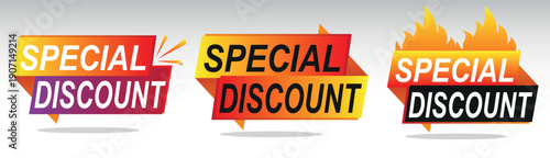 Set of modern "Special Discount" promotional banner element stickers featuring flame and geometric shapes for hot retail sales