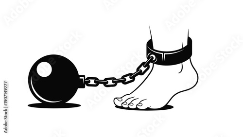 Heavy black ball and chain attached to a human ankle in a bold line drawing represents imprisonment, burden, or restriction.