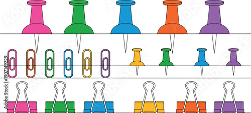 Colorful Office Stationery Supplies Vector Set Featuring Push Pins, Paper Clips, Binder Clips, and Fasteners for Organization, School, Business, Desk Decor, and Flat Vector Illustrations