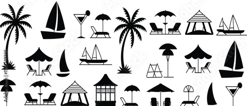 Black silhouette of tropical vacation including palm trees sailboats lounge chairs umbrellas and gazebos