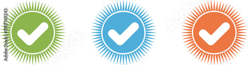 Three Colorful Approval Badge Vector Icons Featuring Check Marks Representing Verified Quality, Guarantee, Success, Certification, and Business Achievement Concepts
