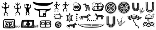 Ancient cave painting style symbols featuring human figures animals and primitive tribal rock art elements