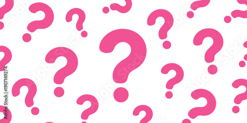 Playful Vector Pattern Featuring Scattered Pink Question Marks in Various Sizes, Perfect for Mystery Themes, FAQ Sections, Quiz Nights, Curiosity-Driven Designs, Educational Graphics